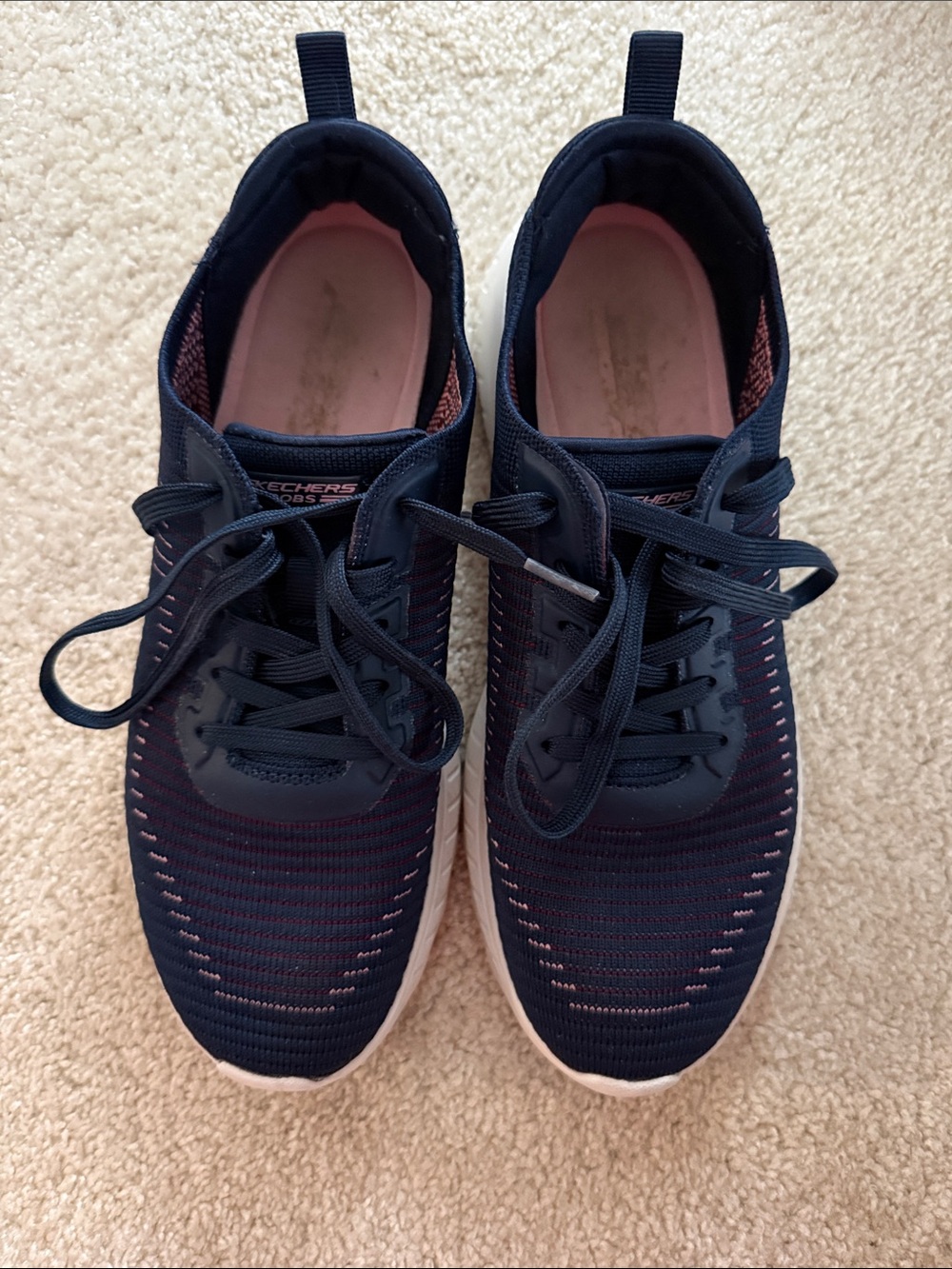 Skechers Navy Knit Sneakers with Pink Interior
